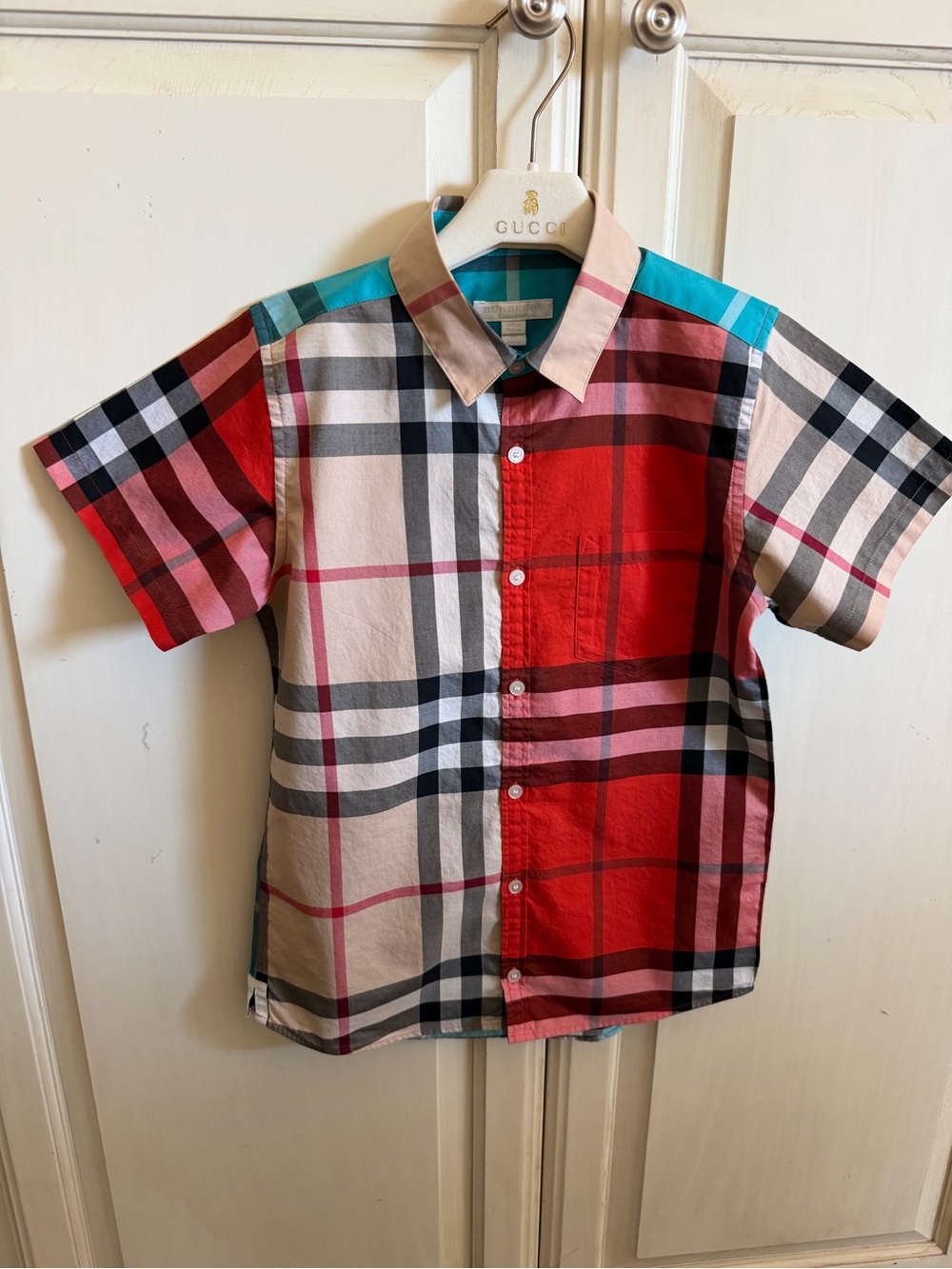 Burberry Kids Short-Sleeve Plaid Button-Down Shirt in Red, Beige & Teal
